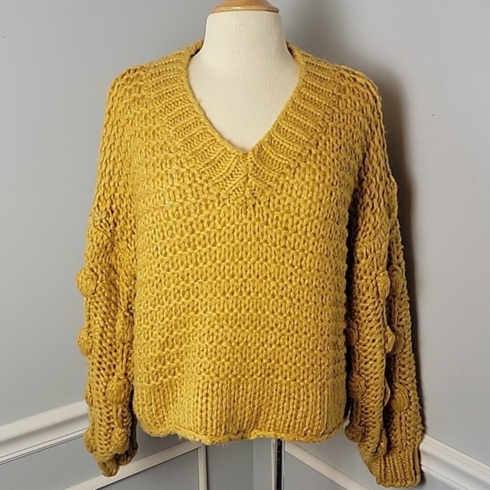 FAVLUX Yellow Gold Chunky V-Neck Pom Pom Bishop Sleeve‎ Oversized Boho Sweater S